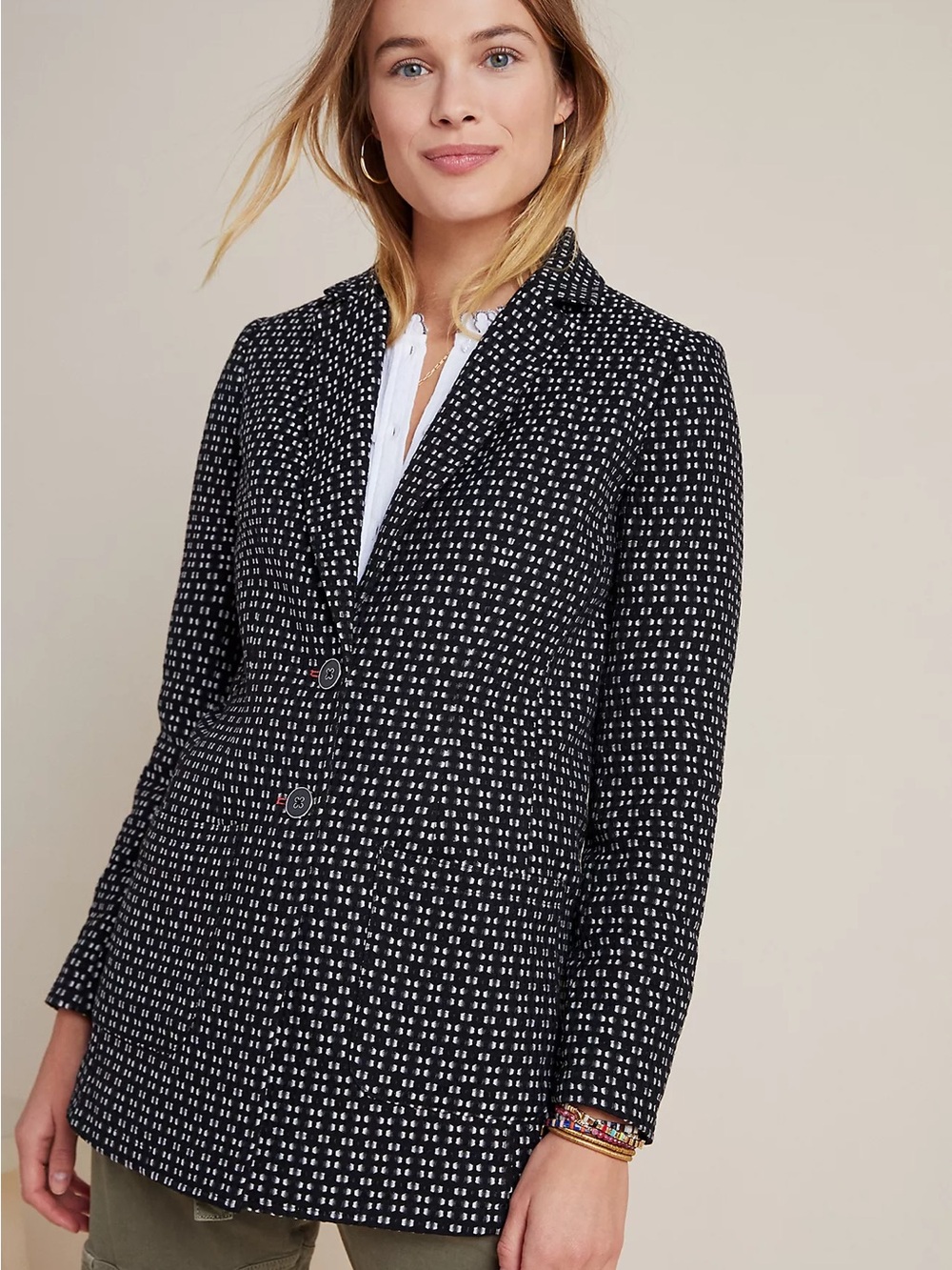 Anthropologie Filippa Textured Blazer Black White Geometric Patch Pockets XS